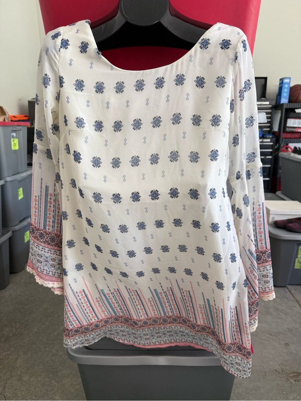 Xhilaration White Floral Print Boho Blouse with Blue and Pink Accents